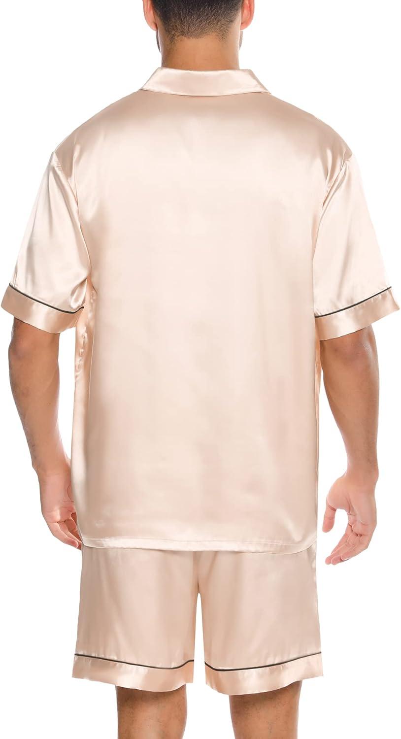 imageSWOMOG Men Silk Satin Pajamas Short Sleeve Pjs Set Button Down Sleepwear Soft Lounge Set Nightwear with PocketsChampagne
