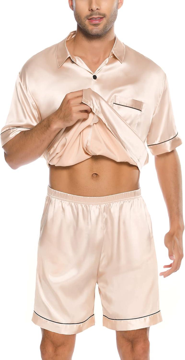 imageSWOMOG Men Silk Satin Pajamas Short Sleeve Pjs Set Button Down Sleepwear Soft Lounge Set Nightwear with PocketsChampagne