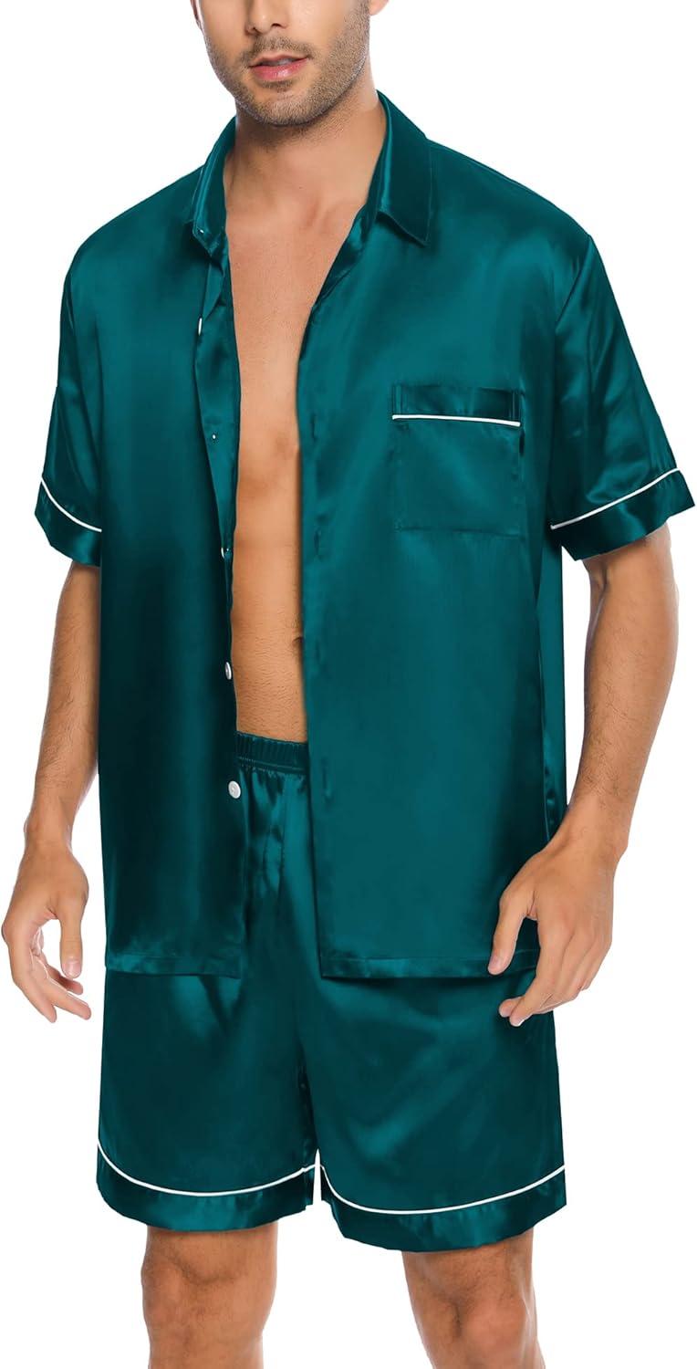 imageSWOMOG Men Silk Satin Pajamas Short Sleeve Pjs Set Button Down Sleepwear Soft Lounge Set Nightwear with PocketsDeep Green