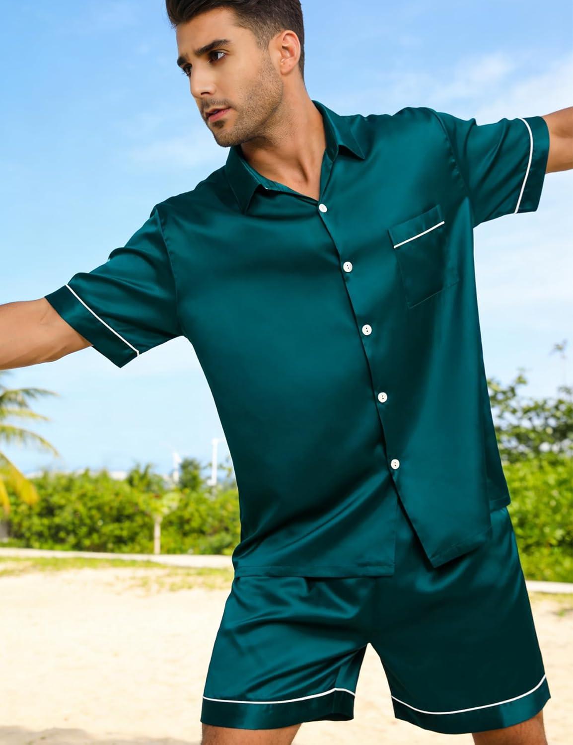 imageSWOMOG Men Silk Satin Pajamas Short Sleeve Pjs Set Button Down Sleepwear Soft Lounge Set Nightwear with PocketsDeep Green