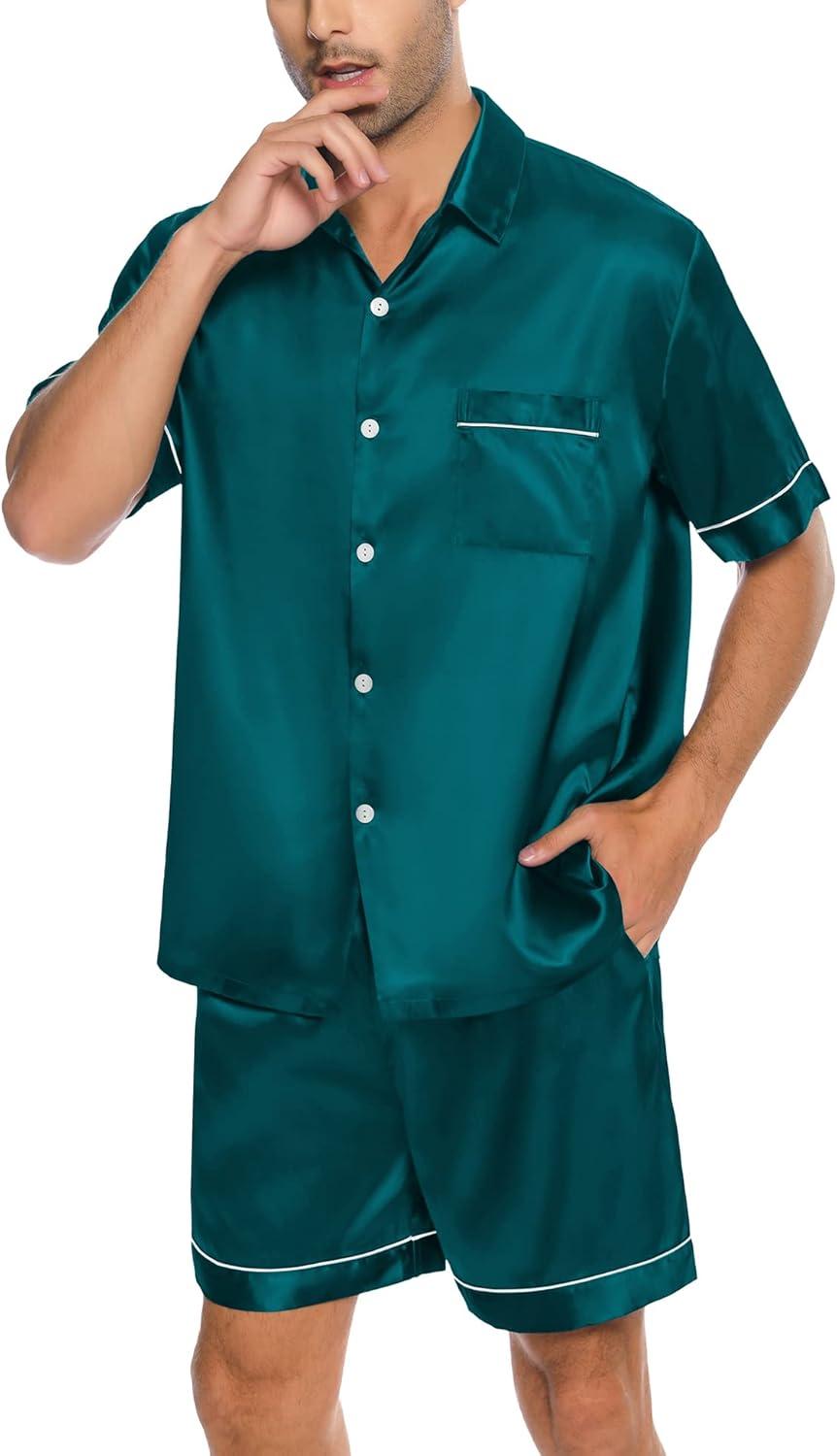 imageSWOMOG Men Silk Satin Pajamas Short Sleeve Pjs Set Button Down Sleepwear Soft Lounge Set Nightwear with PocketsDeep Green