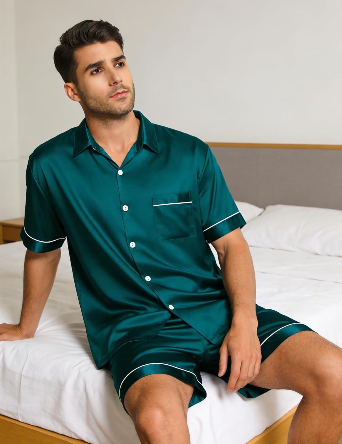 imageSWOMOG Men Silk Satin Pajamas Short Sleeve Pjs Set Button Down Sleepwear Soft Lounge Set Nightwear with PocketsDeep Green