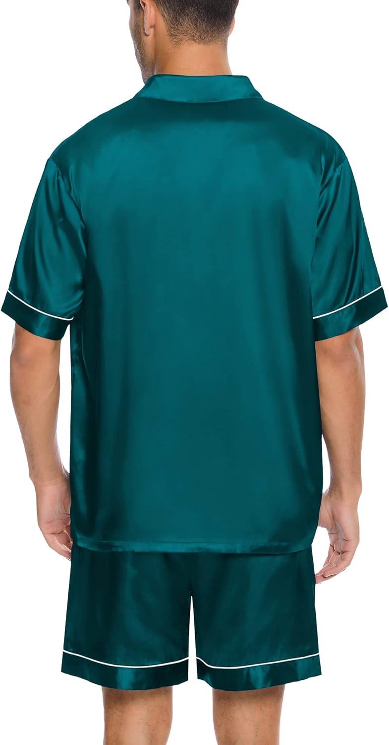 imageSWOMOG Men Silk Satin Pajamas Short Sleeve Pjs Set Button Down Sleepwear Soft Lounge Set Nightwear with PocketsDeep Green
