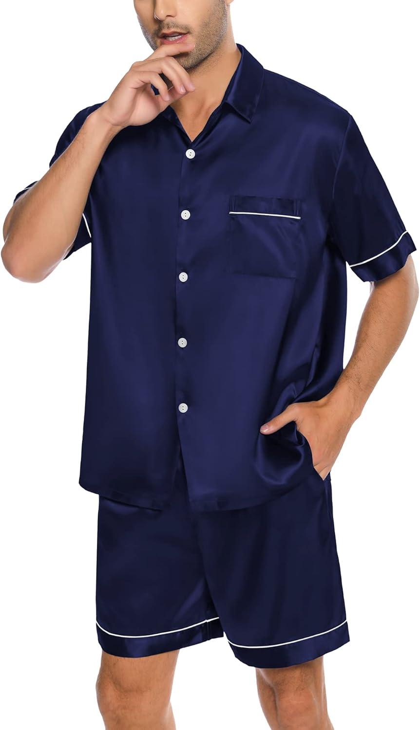 imageSWOMOG Men Silk Satin Pajamas Short Sleeve Pjs Set Button Down Sleepwear Soft Lounge Set Nightwear with PocketsDeep Navy Blue