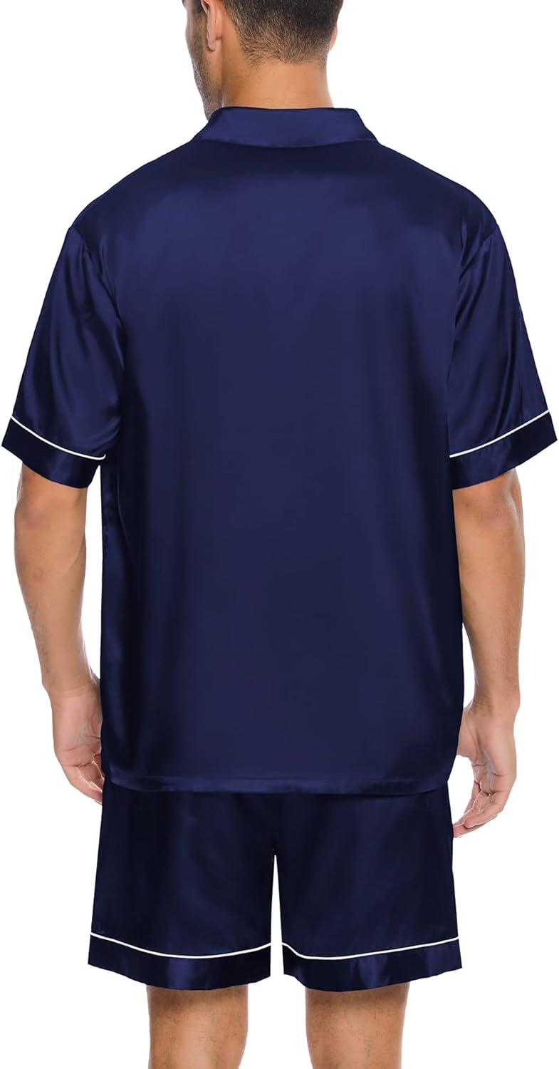 imageSWOMOG Men Silk Satin Pajamas Short Sleeve Pjs Set Button Down Sleepwear Soft Lounge Set Nightwear with PocketsDeep Navy Blue