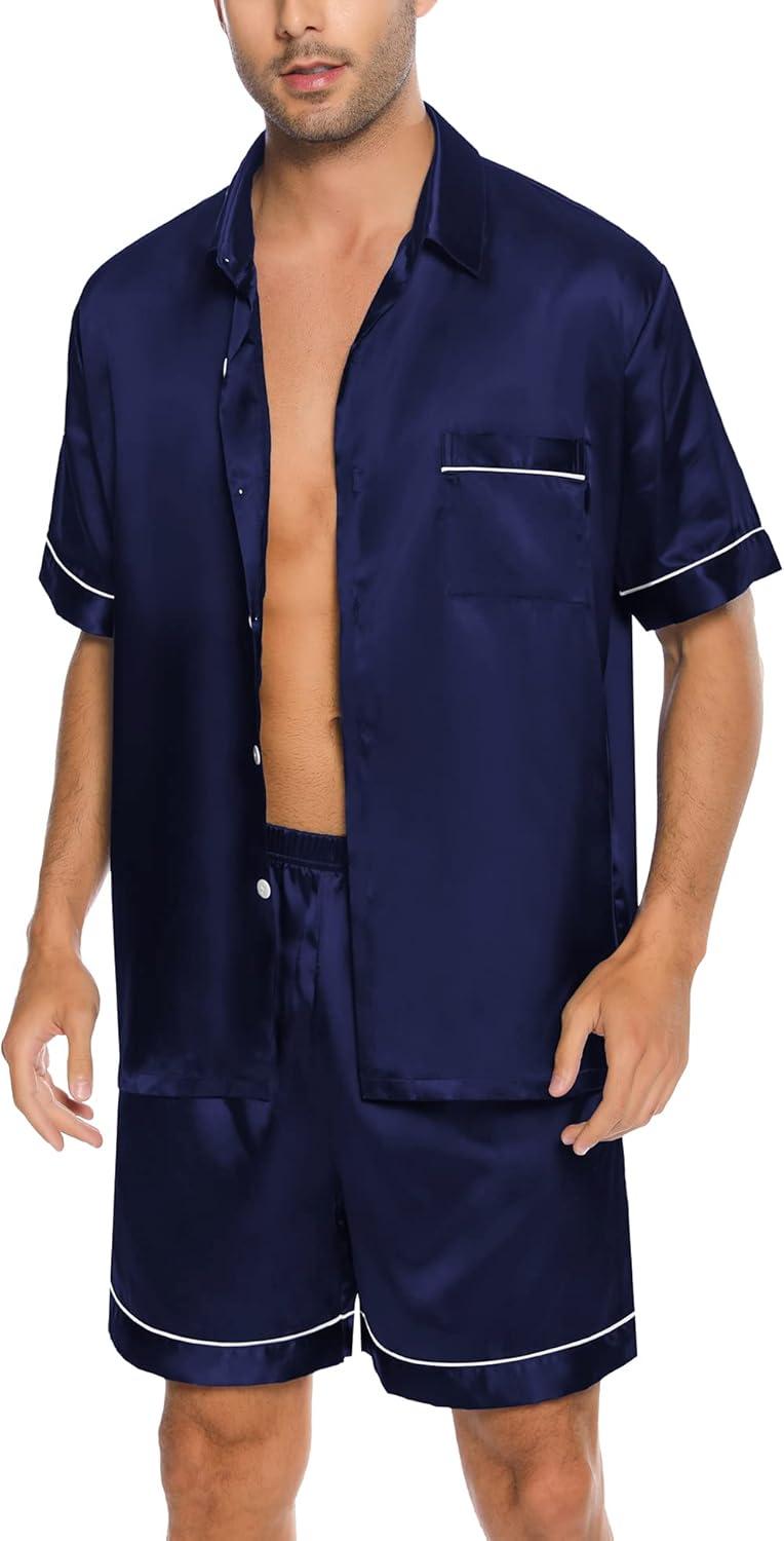 imageSWOMOG Men Silk Satin Pajamas Short Sleeve Pjs Set Button Down Sleepwear Soft Lounge Set Nightwear with PocketsDeep Navy Blue