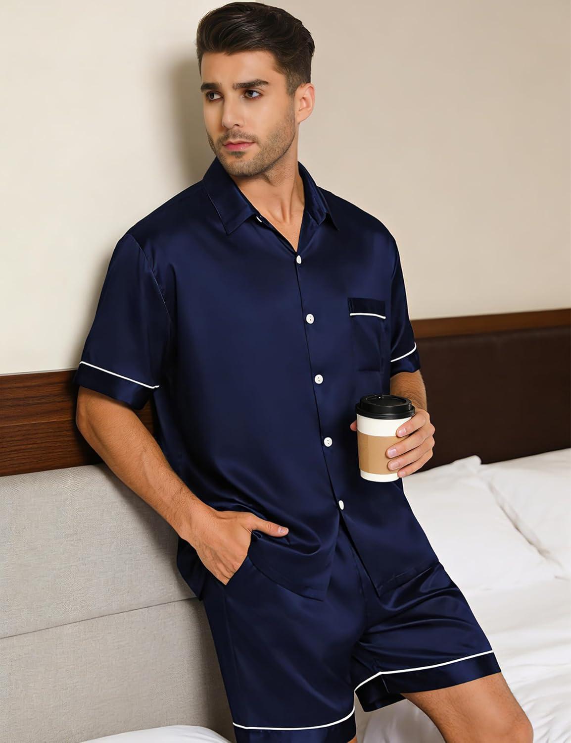 imageSWOMOG Men Silk Satin Pajamas Short Sleeve Pjs Set Button Down Sleepwear Soft Lounge Set Nightwear with PocketsDeep Navy Blue