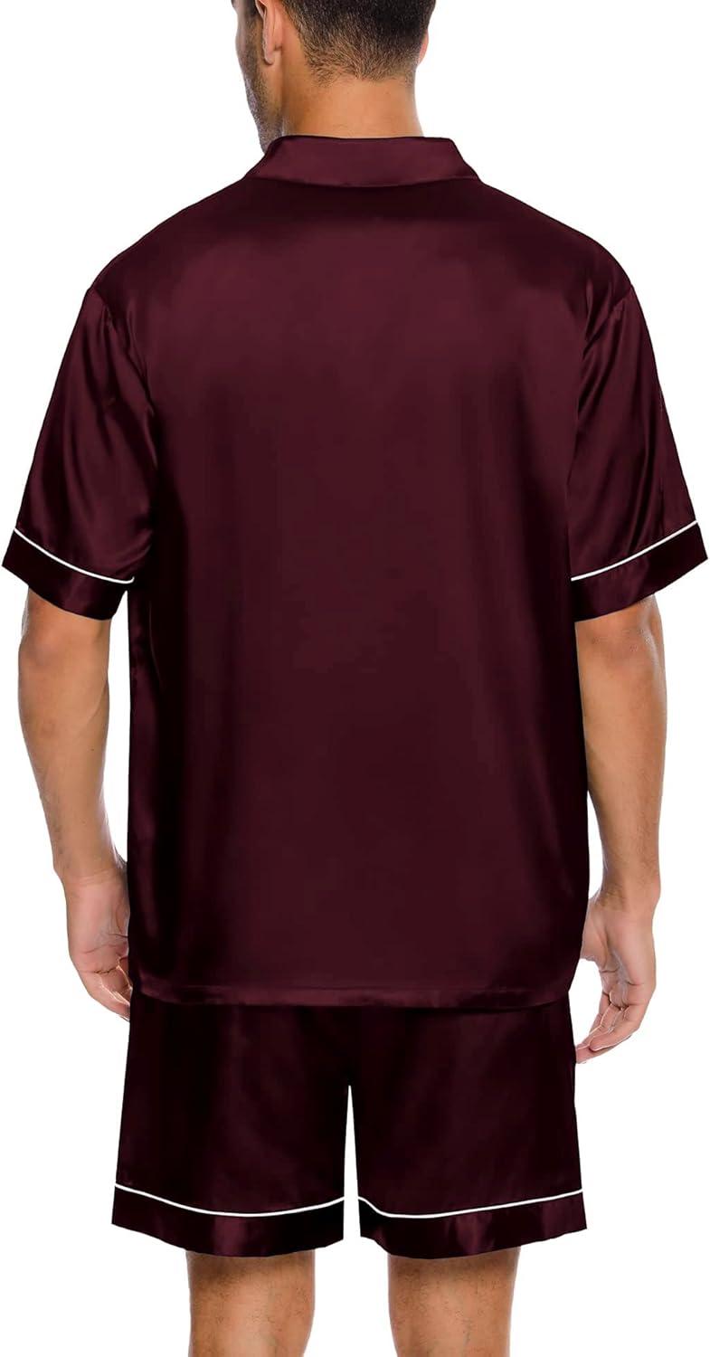 imageSWOMOG Men Silk Satin Pajamas Short Sleeve Pjs Set Button Down Sleepwear Soft Lounge Set Nightwear with PocketsDeep Wine Red
