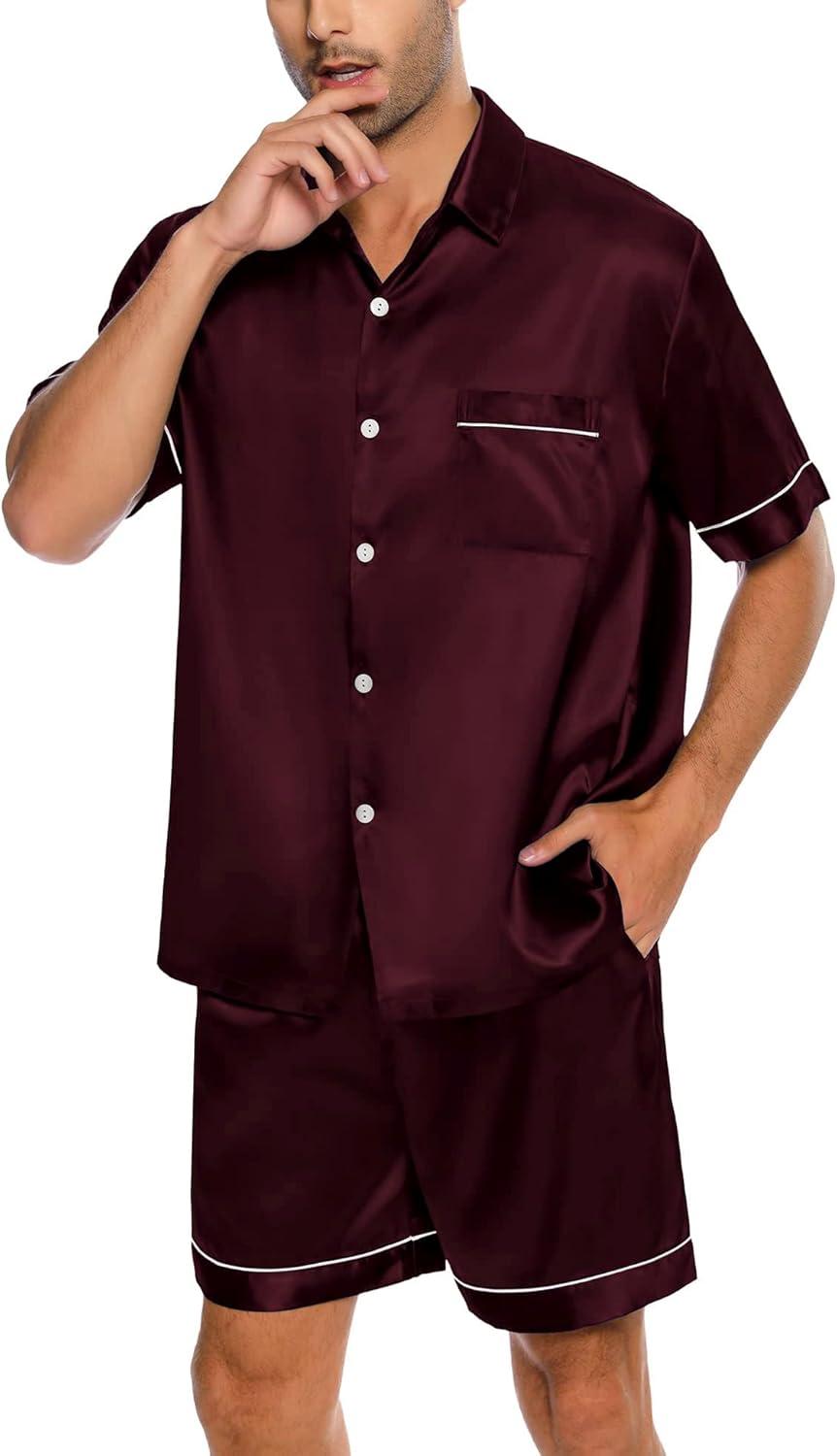 imageSWOMOG Men Silk Satin Pajamas Short Sleeve Pjs Set Button Down Sleepwear Soft Lounge Set Nightwear with PocketsDeep Wine Red