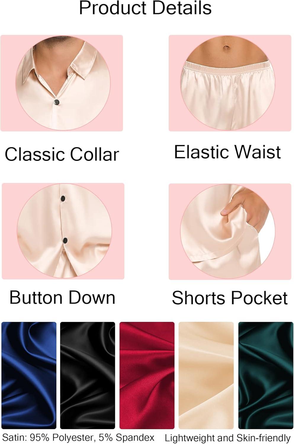 imageSWOMOG Men Silk Satin Pajamas Short Sleeve Pjs Set Button Down Sleepwear Soft Lounge Set Nightwear with PocketsNavy Blue
