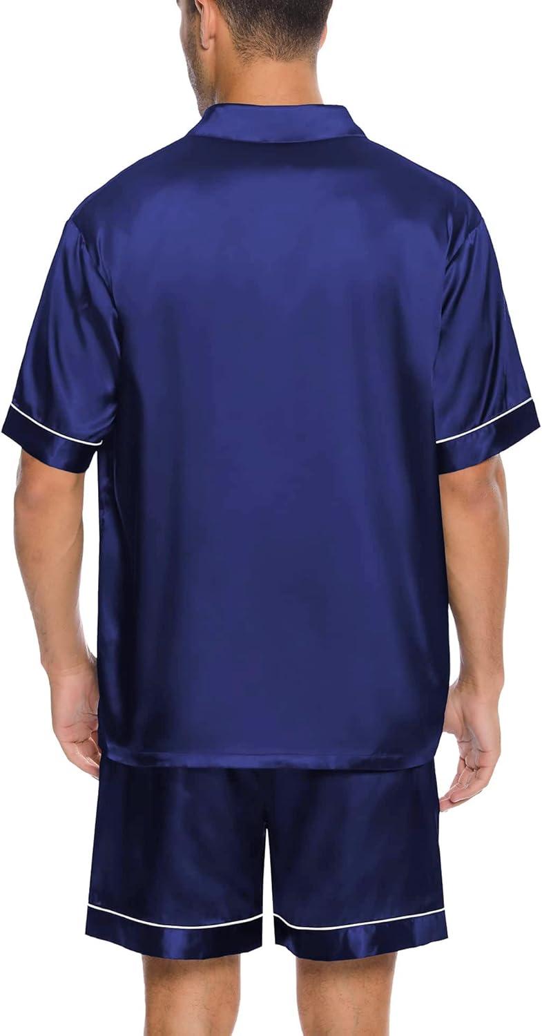 imageSWOMOG Men Silk Satin Pajamas Short Sleeve Pjs Set Button Down Sleepwear Soft Lounge Set Nightwear with PocketsNavy Blue
