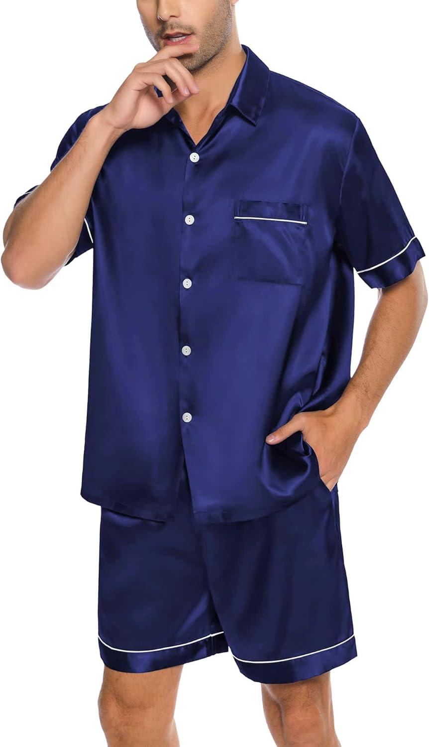 imageSWOMOG Men Silk Satin Pajamas Short Sleeve Pjs Set Button Down Sleepwear Soft Lounge Set Nightwear with PocketsNavy Blue