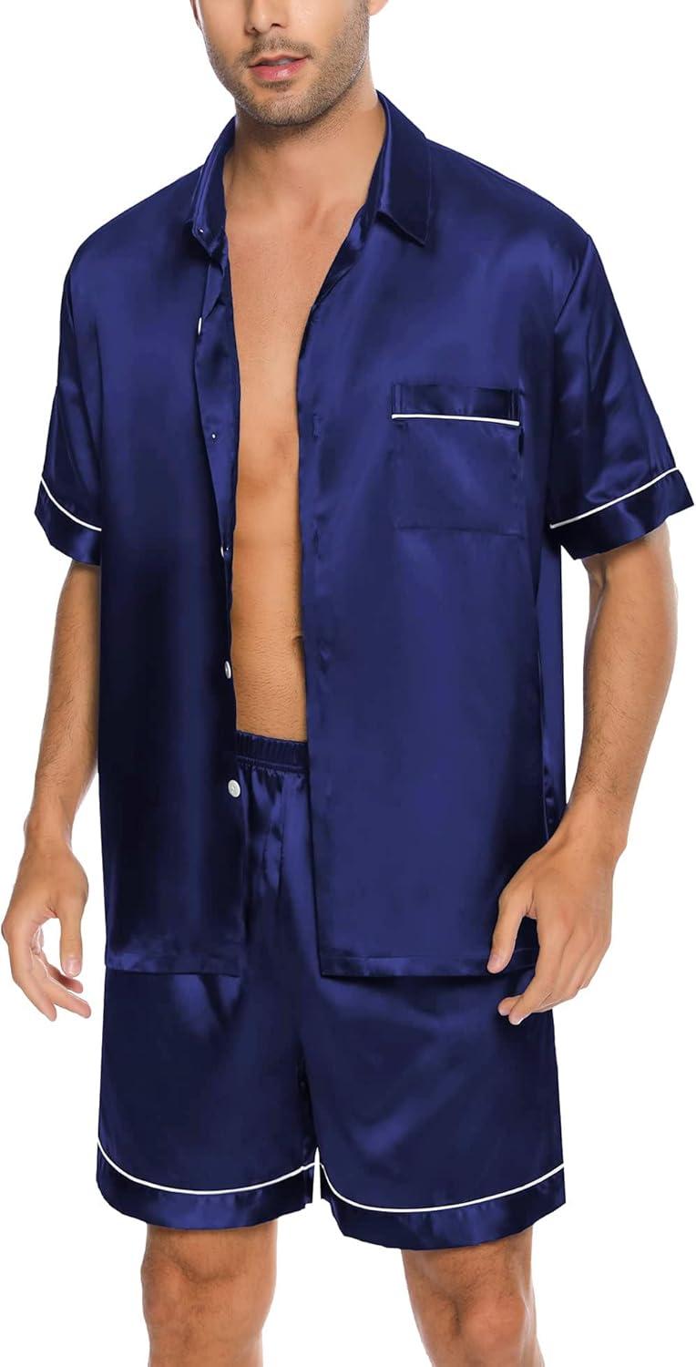 imageSWOMOG Men Silk Satin Pajamas Short Sleeve Pjs Set Button Down Sleepwear Soft Lounge Set Nightwear with PocketsNavy Blue