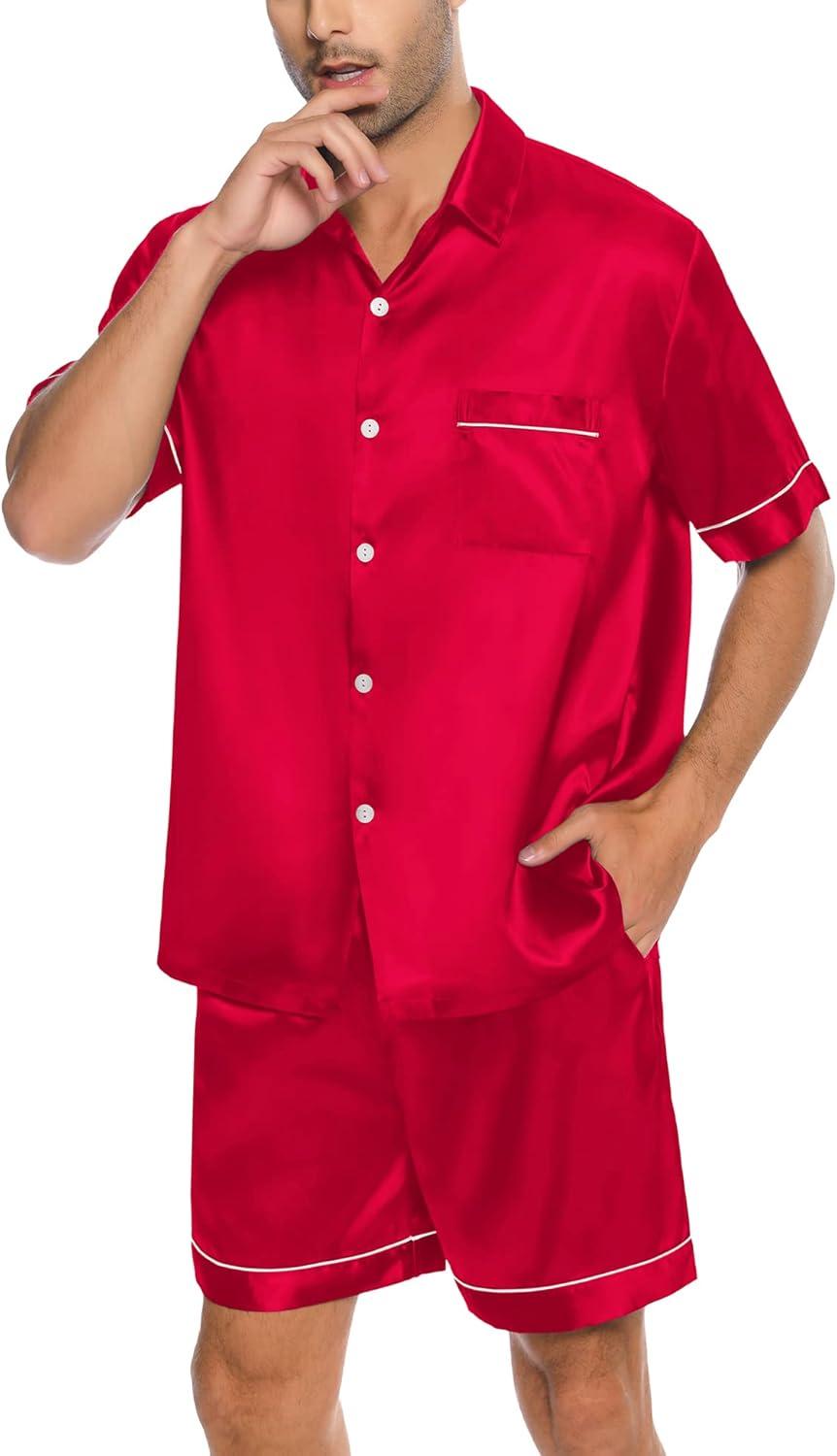imageSWOMOG Men Silk Satin Pajamas Short Sleeve Pjs Set Button Down Sleepwear Soft Lounge Set Nightwear with PocketsRed