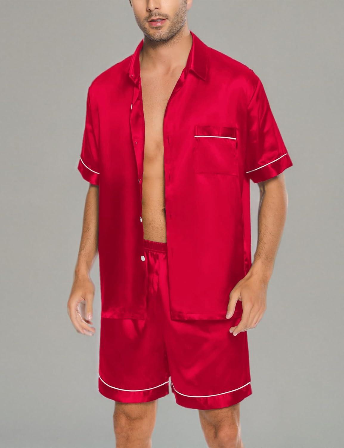 imageSWOMOG Men Silk Satin Pajamas Short Sleeve Pjs Set Button Down Sleepwear Soft Lounge Set Nightwear with PocketsRed