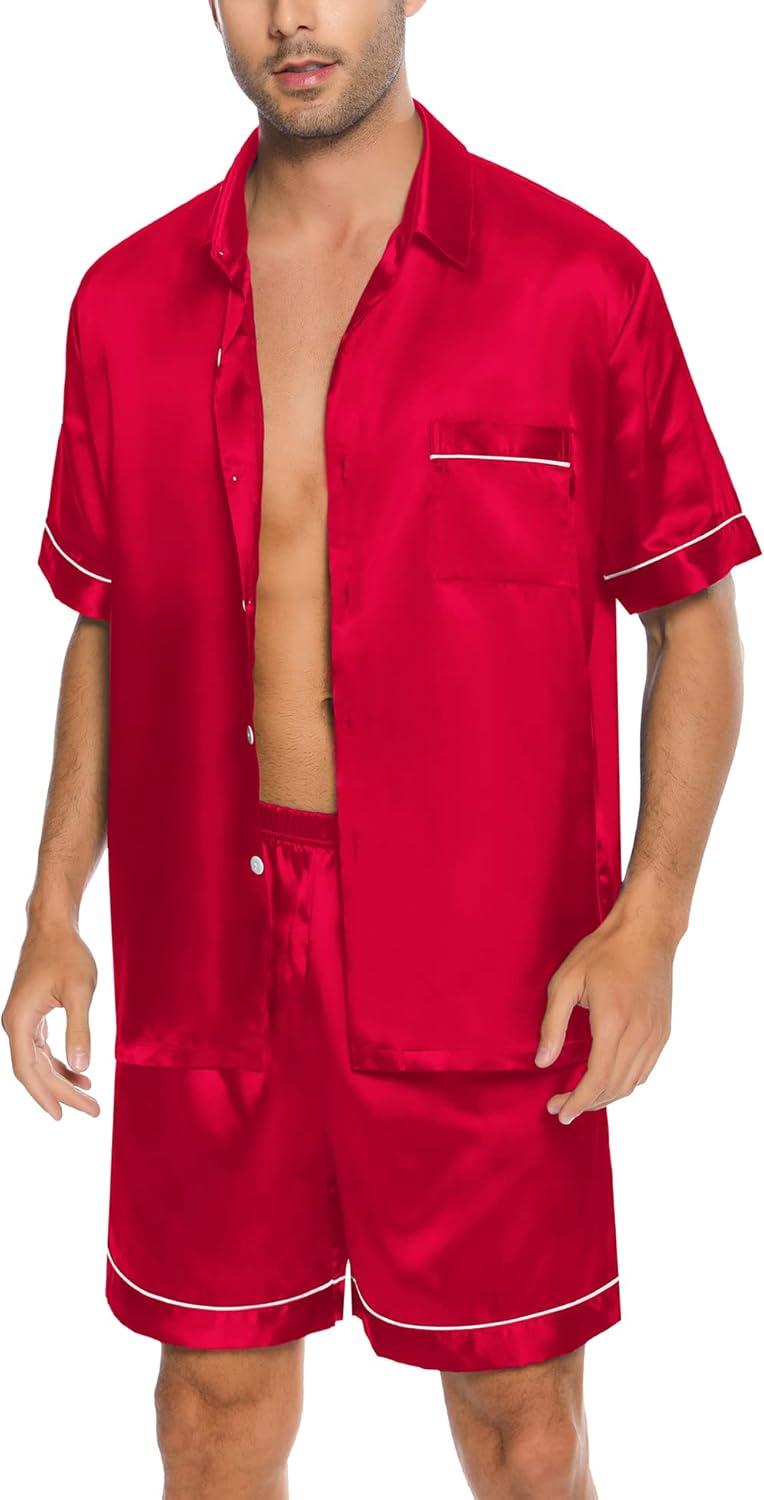 imageSWOMOG Men Silk Satin Pajamas Short Sleeve Pjs Set Button Down Sleepwear Soft Lounge Set Nightwear with PocketsRed