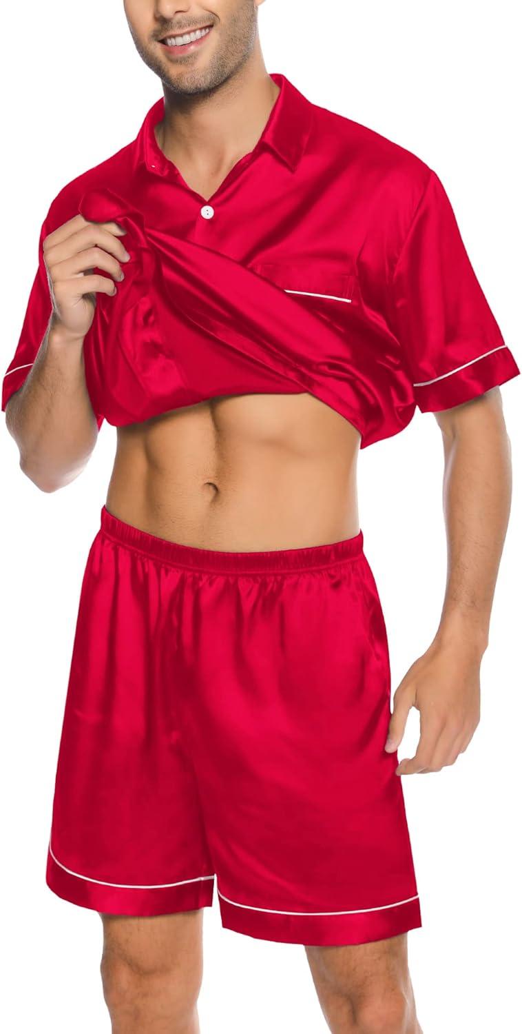 imageSWOMOG Men Silk Satin Pajamas Short Sleeve Pjs Set Button Down Sleepwear Soft Lounge Set Nightwear with PocketsRed
