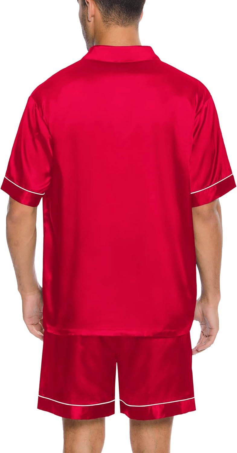 imageSWOMOG Men Silk Satin Pajamas Short Sleeve Pjs Set Button Down Sleepwear Soft Lounge Set Nightwear with PocketsRed