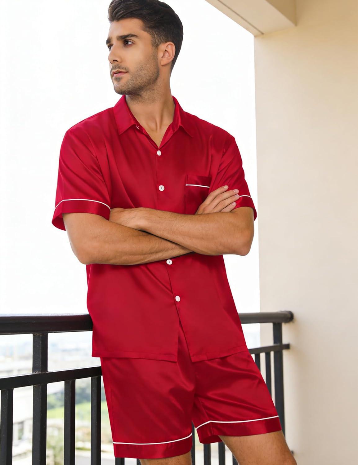 imageSWOMOG Men Silk Satin Pajamas Short Sleeve Pjs Set Button Down Sleepwear Soft Lounge Set Nightwear with PocketsRed