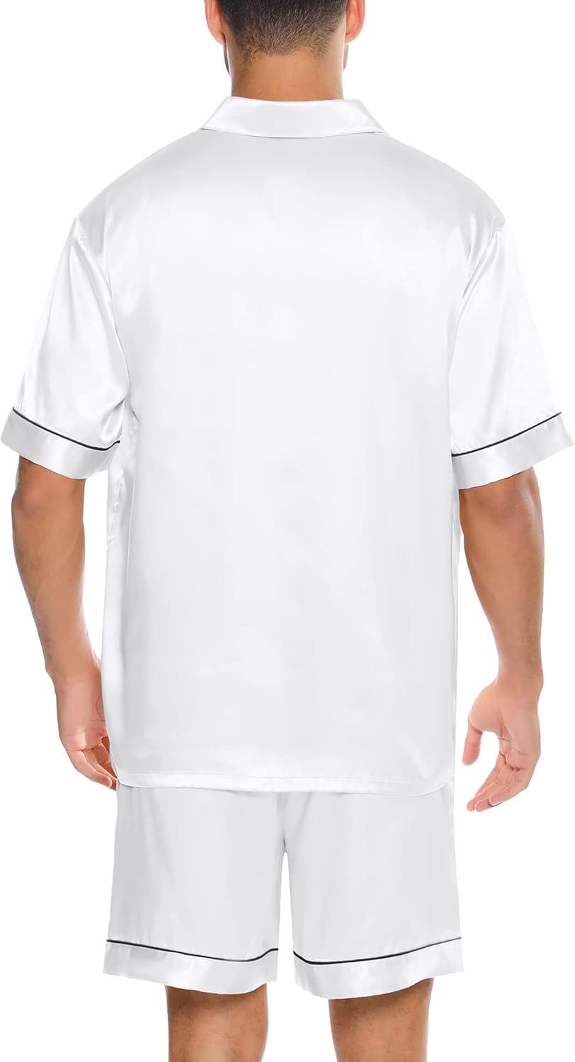 imageSWOMOG Men Silk Satin Pajamas Short Sleeve Pjs Set Button Down Sleepwear Soft Lounge Set Nightwear with PocketsWhite