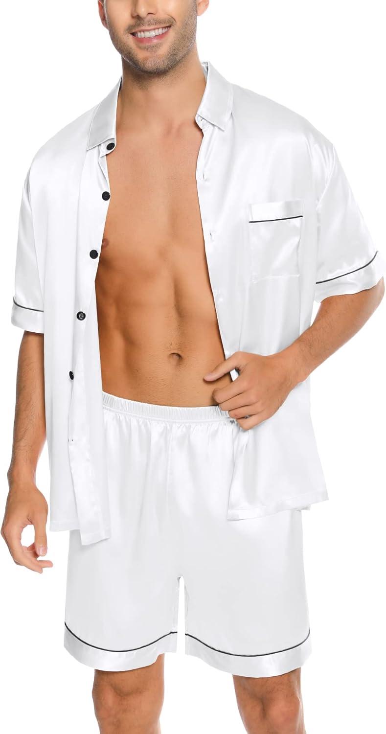 imageSWOMOG Men Silk Satin Pajamas Short Sleeve Pjs Set Button Down Sleepwear Soft Lounge Set Nightwear with PocketsWhite