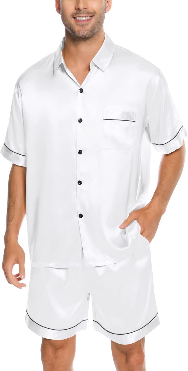 imageSWOMOG Men Silk Satin Pajamas Short Sleeve Pjs Set Button Down Sleepwear Soft Lounge Set Nightwear with PocketsWhite