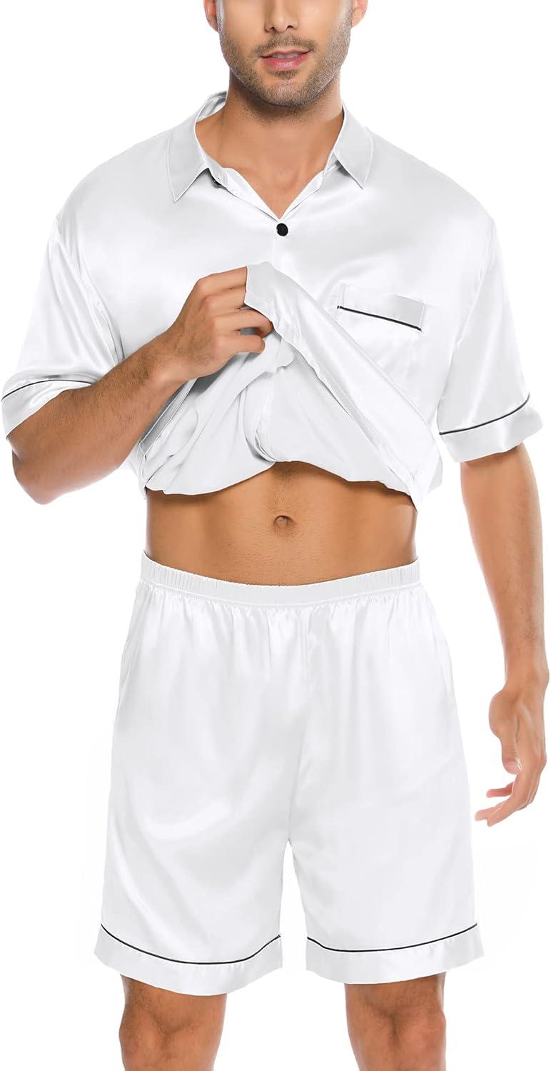 imageSWOMOG Men Silk Satin Pajamas Short Sleeve Pjs Set Button Down Sleepwear Soft Lounge Set Nightwear with PocketsWhite