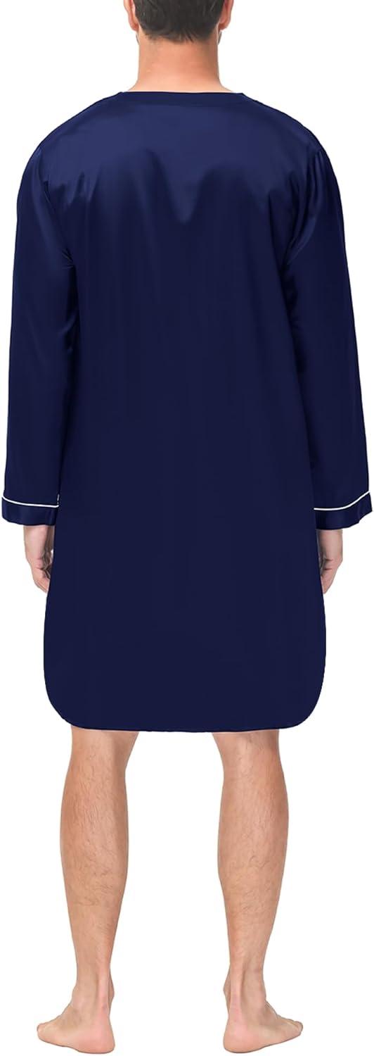 imageSWOMOG Mens Silk Satin Nightshirt Short Sleeve Loose Henley Sleep Shirt Comfy Nightgown Big amp Tall Men SleepwearDeep Navy Blue