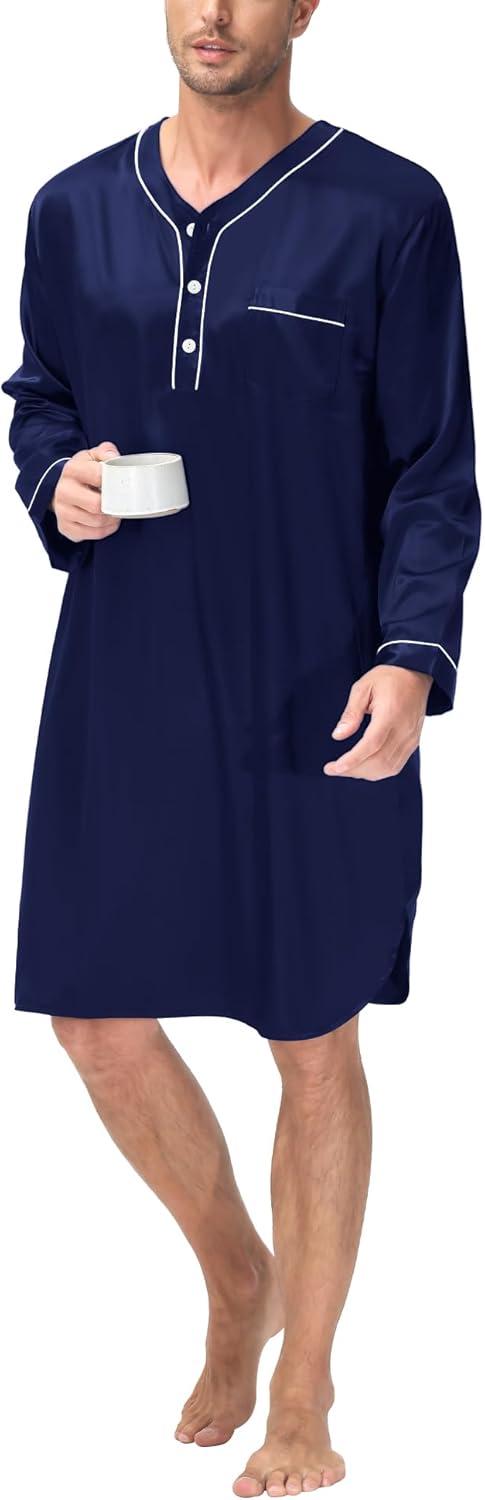 imageSWOMOG Mens Silk Satin Nightshirt Short Sleeve Loose Henley Sleep Shirt Comfy Nightgown Big amp Tall Men SleepwearDeep Navy Blue