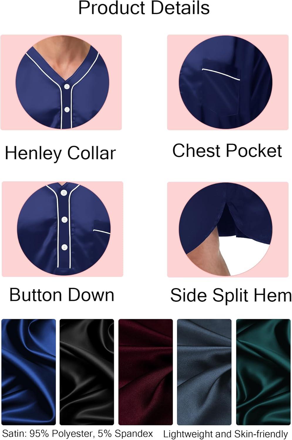imageSWOMOG Mens Silk Satin Nightshirt Short Sleeve Loose Henley Sleep Shirt Comfy Nightgown Big amp Tall Men SleepwearDeep Navy Blue