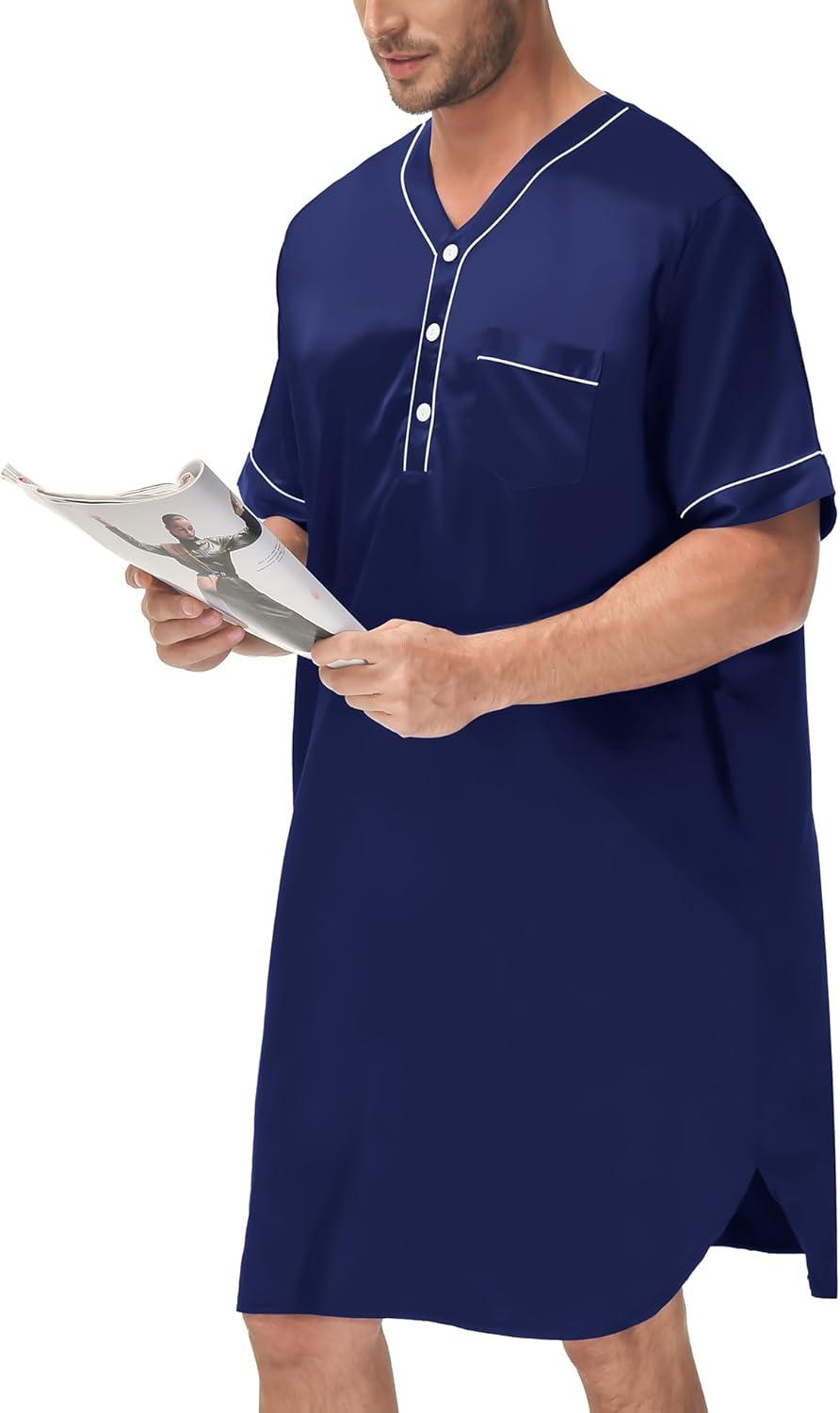 imageSWOMOG Mens Silk Satin Nightshirt Short Sleeve Loose Henley Sleep Shirt Comfy Nightgown Big amp Tall Men SleepwearDeep Navy Blue