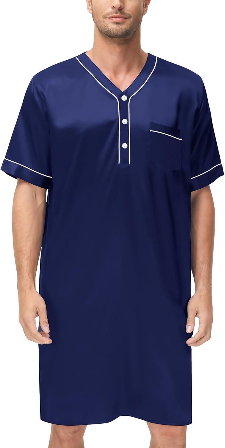imageSWOMOG Mens Silk Satin Nightshirt Short Sleeve Loose Henley Sleep Shirt Comfy Nightgown Big amp Tall Men SleepwearDeep Navy Blue