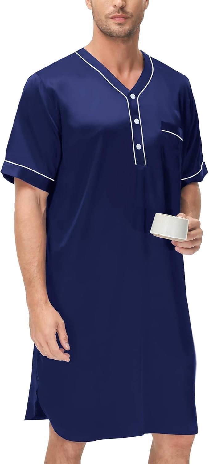 imageSWOMOG Mens Silk Satin Nightshirt Short Sleeve Loose Henley Sleep Shirt Comfy Nightgown Big amp Tall Men SleepwearDeep Navy Blue