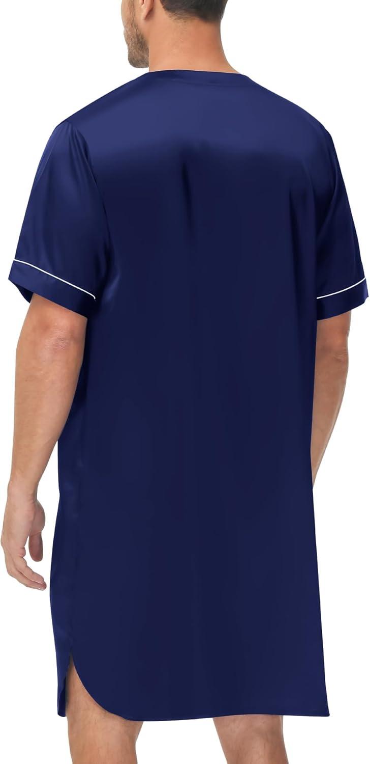 imageSWOMOG Mens Silk Satin Nightshirt Short Sleeve Loose Henley Sleep Shirt Comfy Nightgown Big amp Tall Men SleepwearDeep Navy Blue
