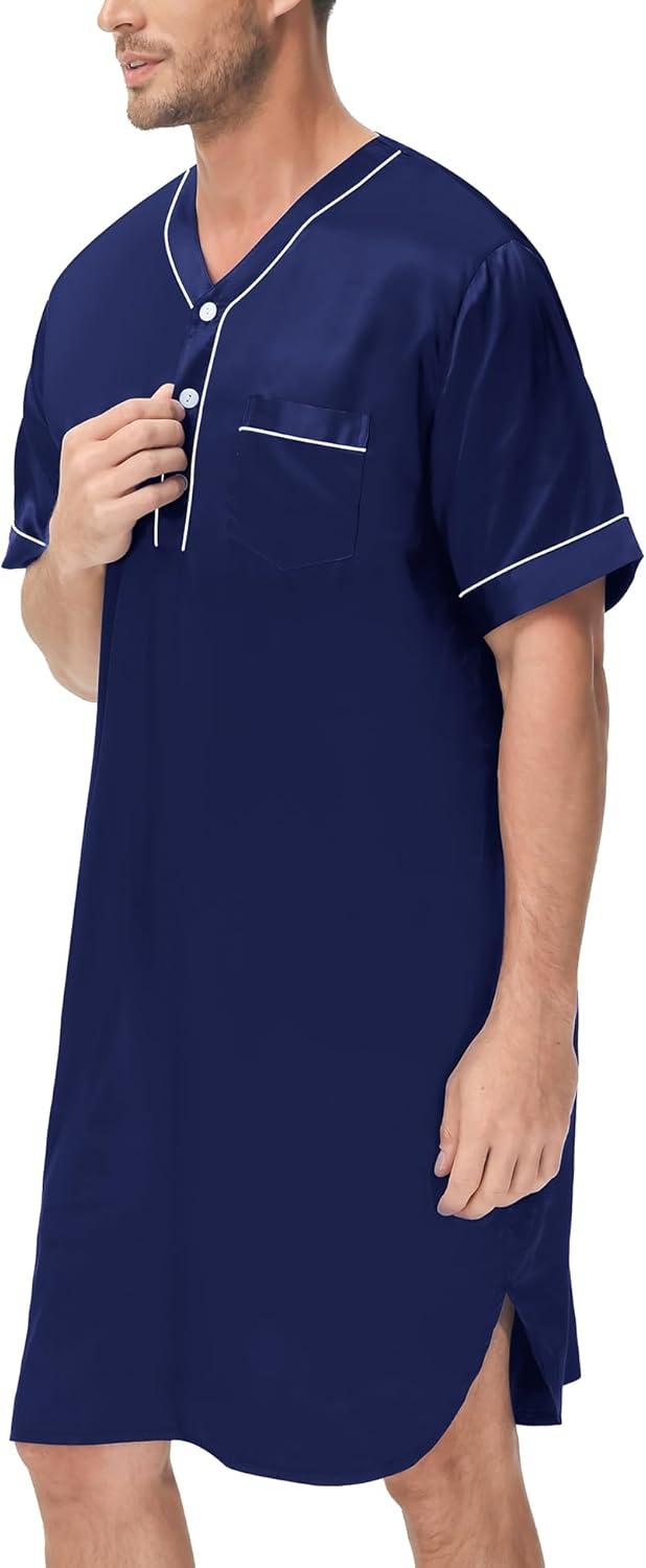 imageSWOMOG Mens Silk Satin Nightshirt Short Sleeve Loose Henley Sleep Shirt Comfy Nightgown Big amp Tall Men SleepwearDeep Navy Blue