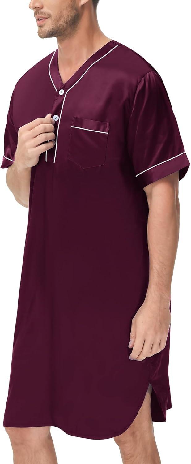 imageSWOMOG Mens Silk Satin Nightshirt Short Sleeve Loose Henley Sleep Shirt Comfy Nightgown Big amp Tall Men SleepwearDeep Wine Red