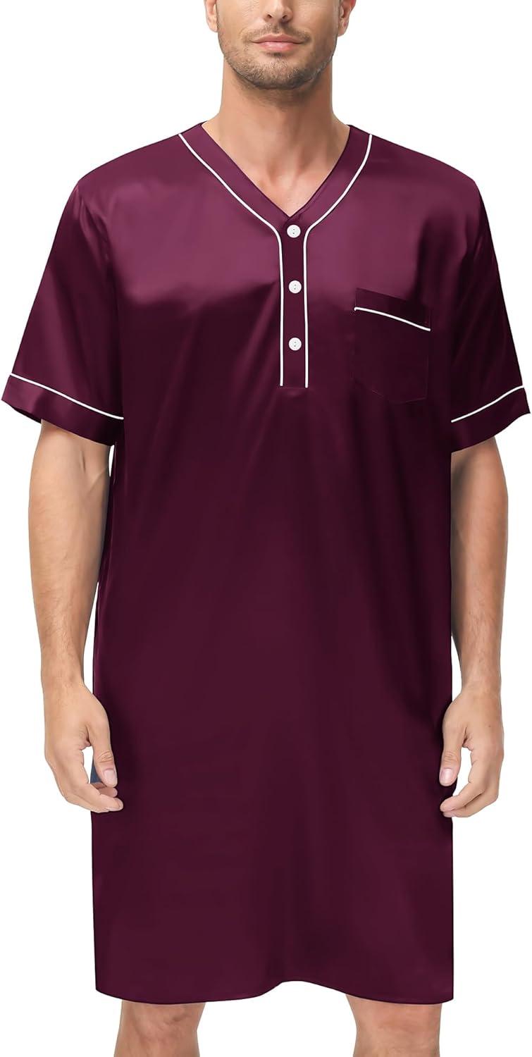 imageSWOMOG Mens Silk Satin Nightshirt Short Sleeve Loose Henley Sleep Shirt Comfy Nightgown Big amp Tall Men SleepwearDeep Wine Red