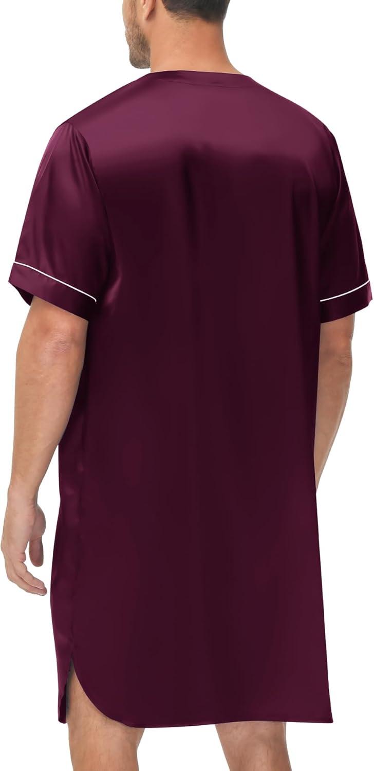 imageSWOMOG Mens Silk Satin Nightshirt Short Sleeve Loose Henley Sleep Shirt Comfy Nightgown Big amp Tall Men SleepwearDeep Wine Red