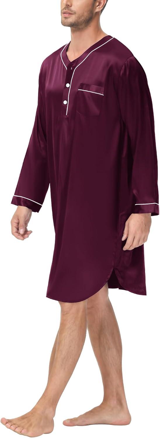 imageSWOMOG Mens Silk Satin Nightshirt Short Sleeve Loose Henley Sleep Shirt Comfy Nightgown Big amp Tall Men SleepwearDeep Wine Red