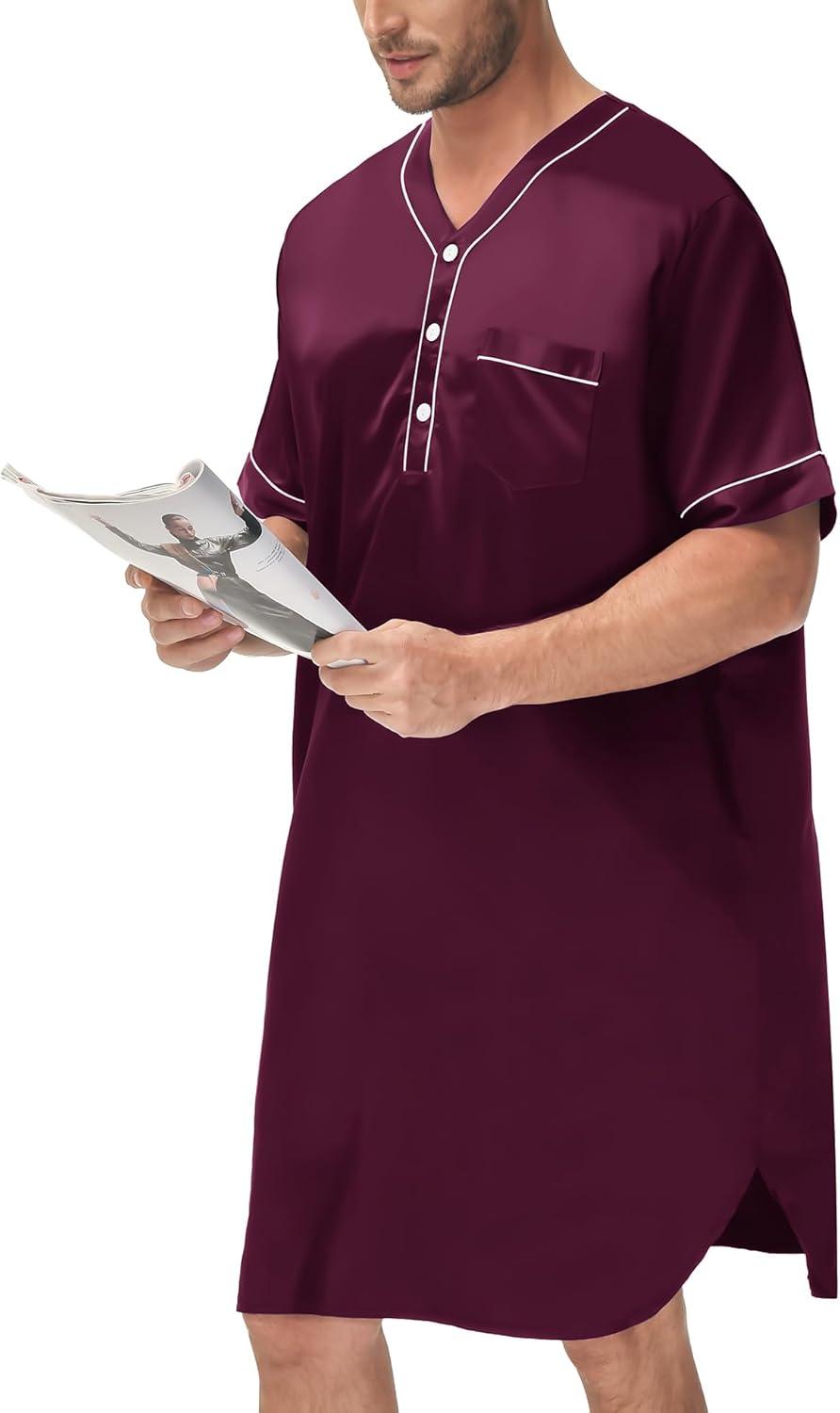 imageSWOMOG Mens Silk Satin Nightshirt Short Sleeve Loose Henley Sleep Shirt Comfy Nightgown Big amp Tall Men SleepwearDeep Wine Red