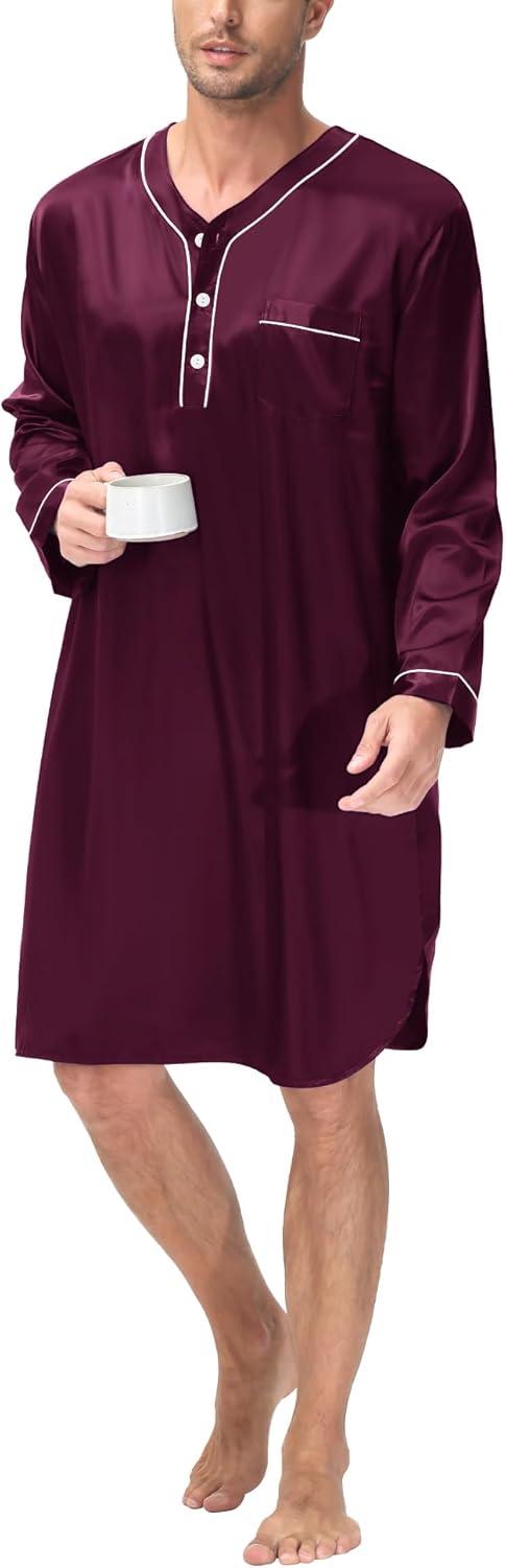 imageSWOMOG Mens Silk Satin Nightshirt Short Sleeve Loose Henley Sleep Shirt Comfy Nightgown Big amp Tall Men SleepwearDeep Wine Red