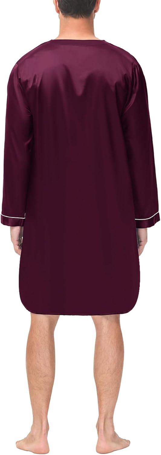 imageSWOMOG Mens Silk Satin Nightshirt Short Sleeve Loose Henley Sleep Shirt Comfy Nightgown Big amp Tall Men SleepwearDeep Wine Red