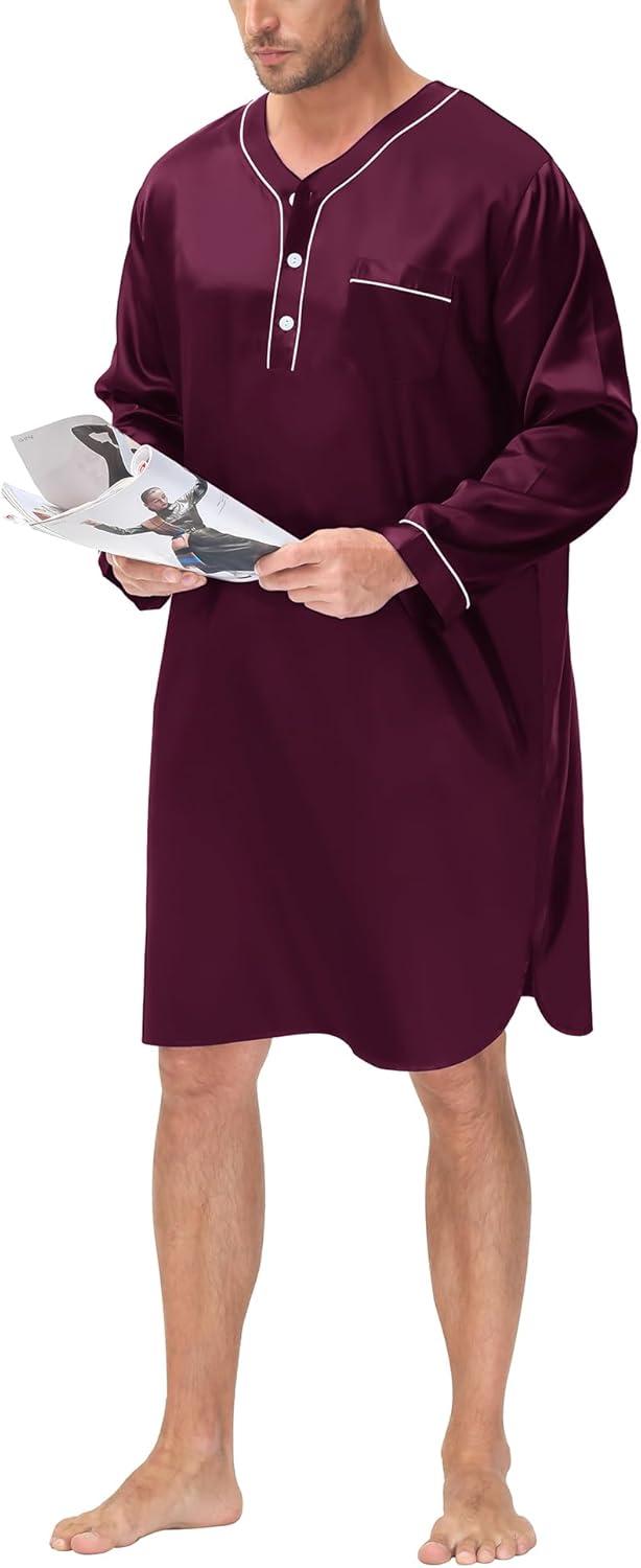 imageSWOMOG Mens Silk Satin Nightshirt Short Sleeve Loose Henley Sleep Shirt Comfy Nightgown Big amp Tall Men SleepwearDeep Wine Red