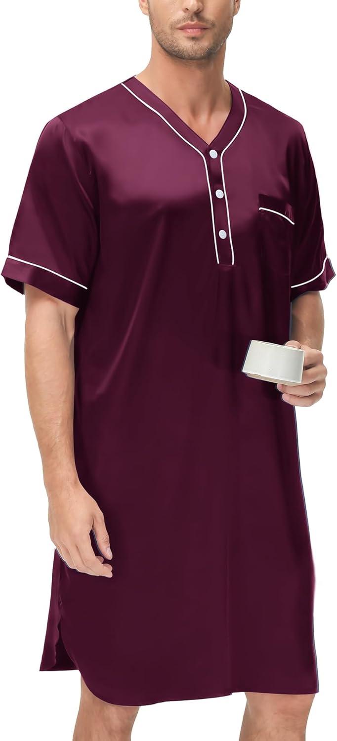 imageSWOMOG Mens Silk Satin Nightshirt Short Sleeve Loose Henley Sleep Shirt Comfy Nightgown Big amp Tall Men SleepwearDeep Wine Red