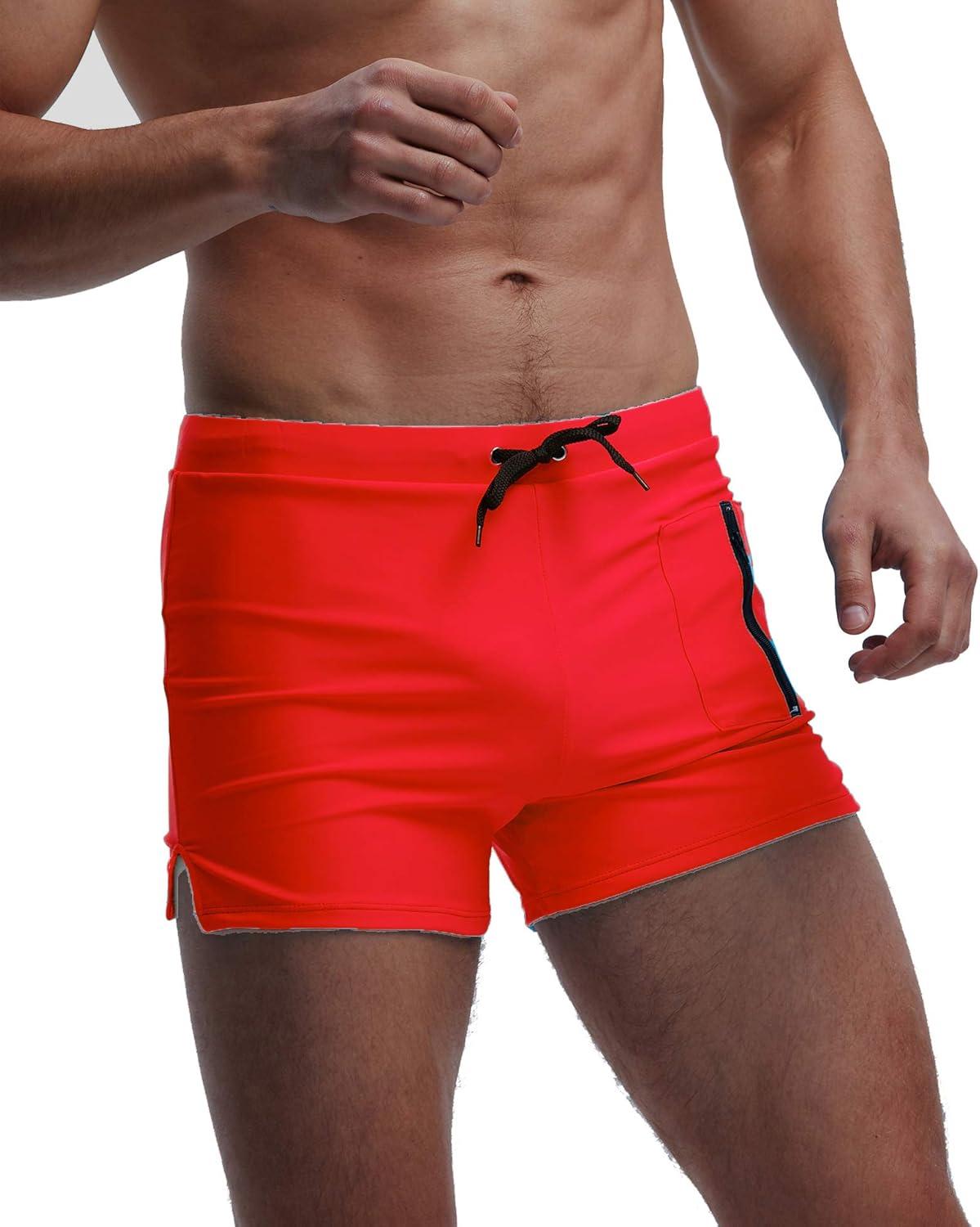 imageSWOMOG Mens Swimming Trunks Swimwear Boxer Brief Fitness Shorts Swim Underwear with Pocket