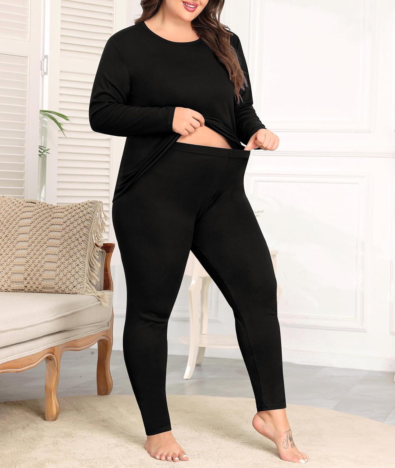 imageSWOMOG Plus Size Thermal Underwear Sets for Women Long Johns Base Layer Set 2 Pcs Underwear Top amp Bottom Pajama SetBlack