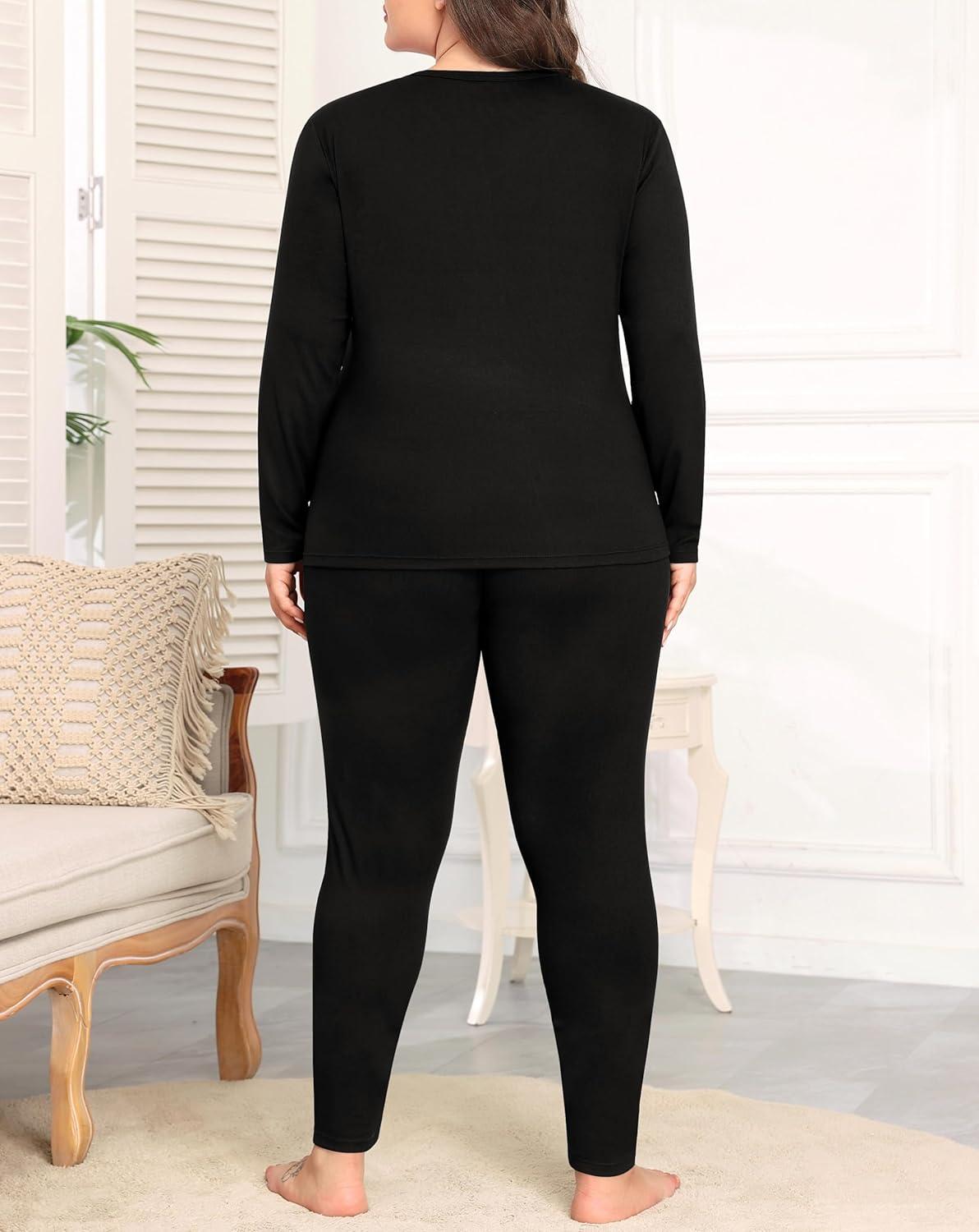 imageSWOMOG Plus Size Thermal Underwear Sets for Women Long Johns Base Layer Set 2 Pcs Underwear Top amp Bottom Pajama SetBlack