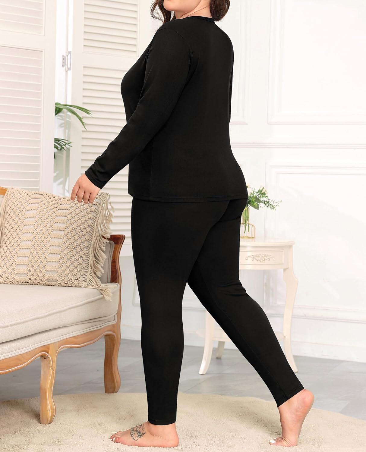 imageSWOMOG Plus Size Thermal Underwear Sets for Women Long Johns Base Layer Set 2 Pcs Underwear Top amp Bottom Pajama SetBlack