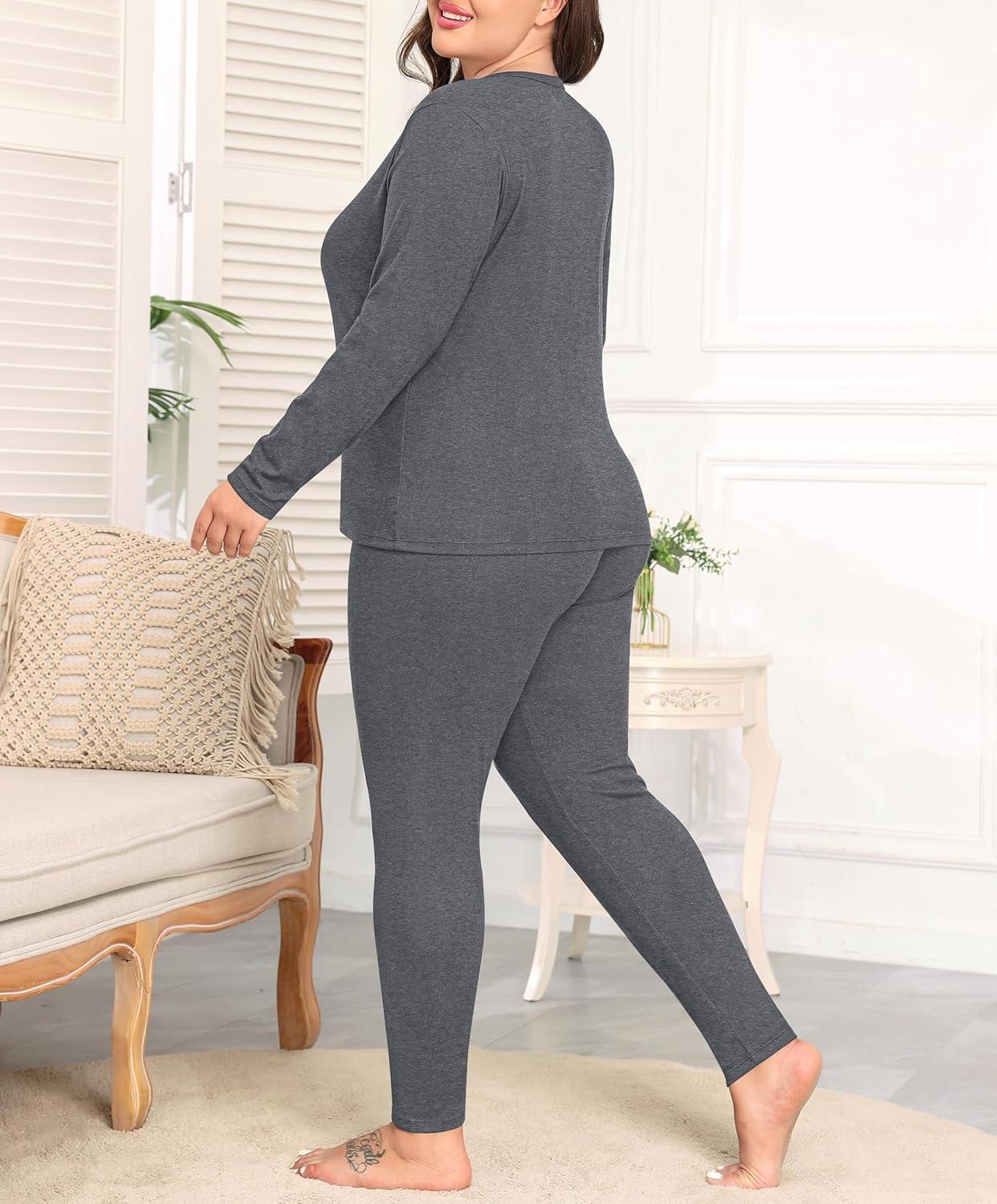 imageSWOMOG Plus Size Thermal Underwear Sets for Women Long Johns Base Layer Set 2 Pcs Underwear Top amp Bottom Pajama SetDark Gray