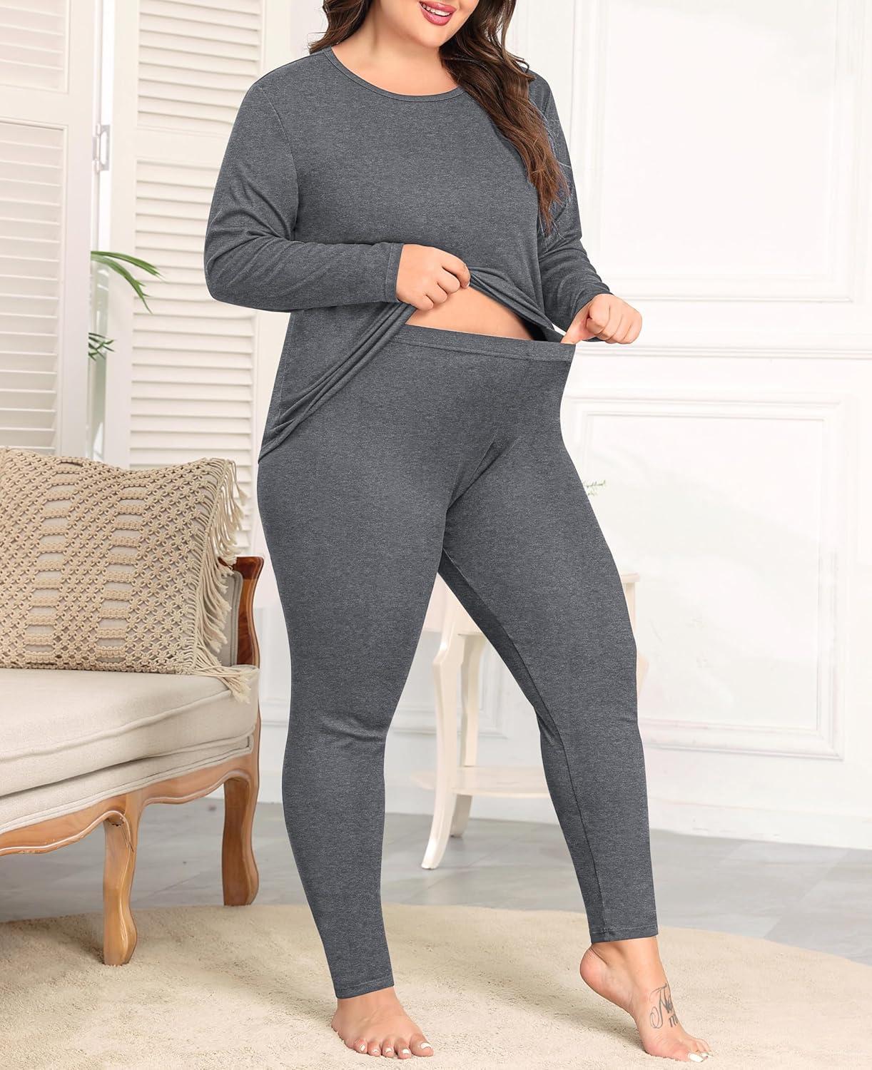 imageSWOMOG Plus Size Thermal Underwear Sets for Women Long Johns Base Layer Set 2 Pcs Underwear Top amp Bottom Pajama SetDark Gray